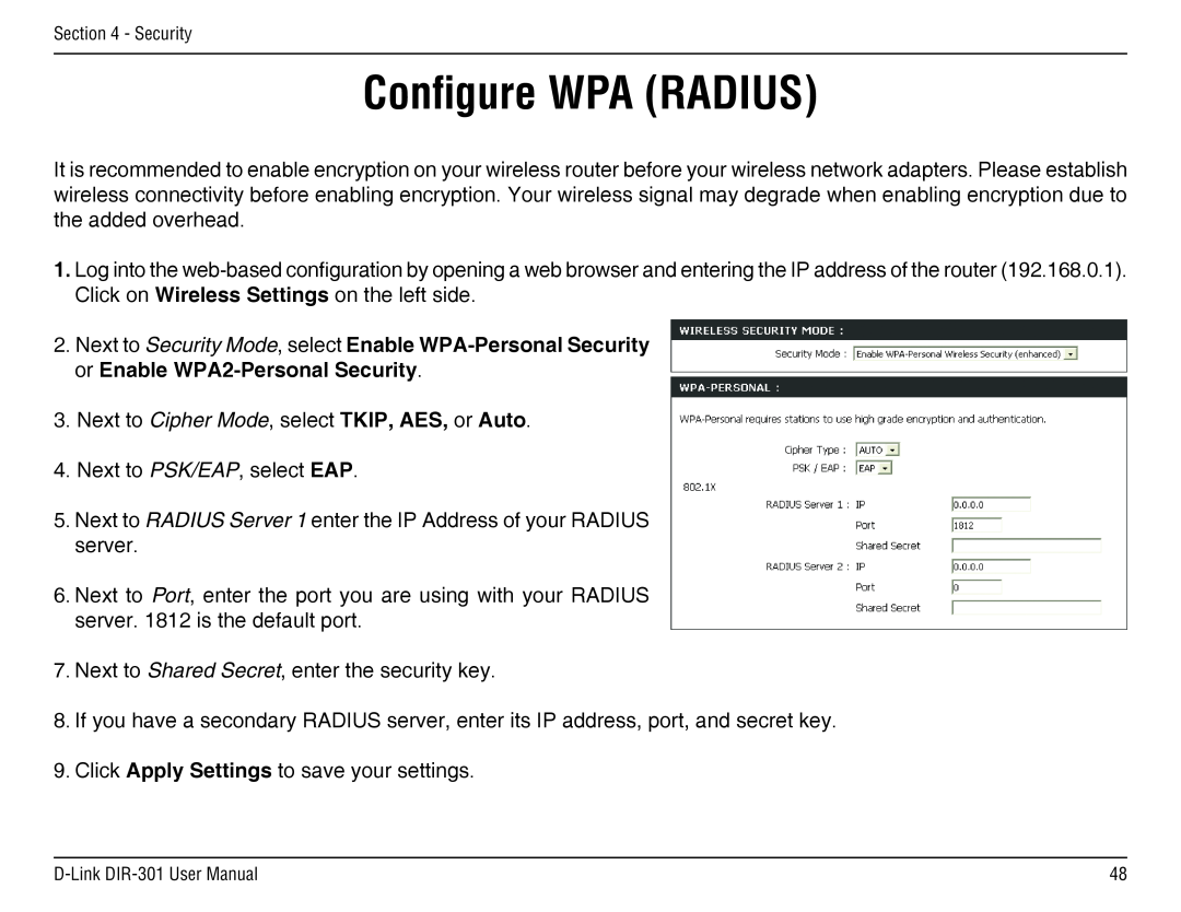 D-Link DIR-301 manual Configure WPA RADIUS 