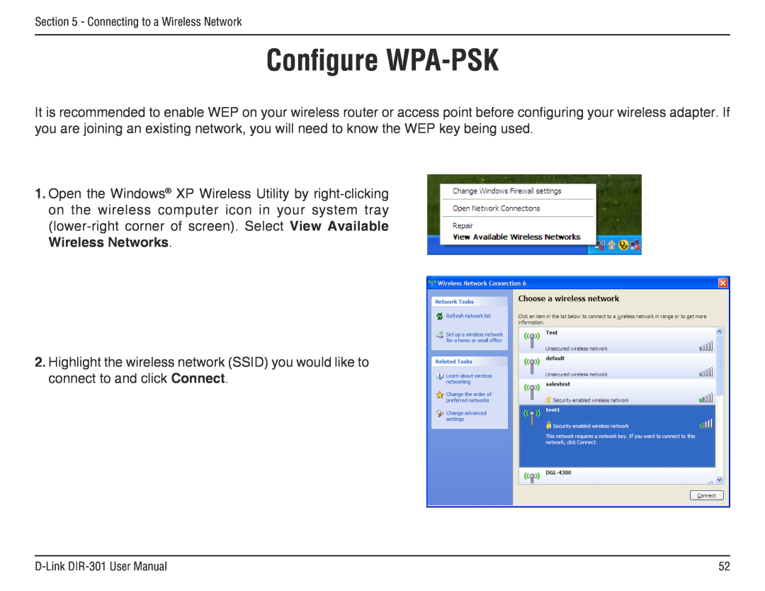 D-Link manual Configure WPA-PSK, Connecting to a Wireless Network, D-Link DIR-301 User Manual 