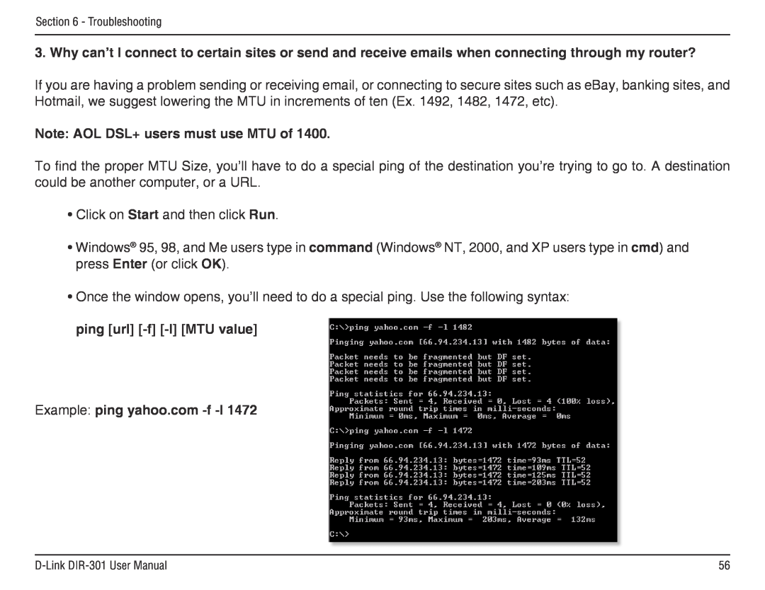 D-Link DIR-301 manual Note AOL DSL+ users must use MTU of, Example ping yahoo.com -f -l 