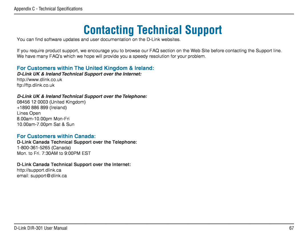 D-Link DIR-301 manual Contacting Technical Support, For Customers within The United Kingdom & Ireland 