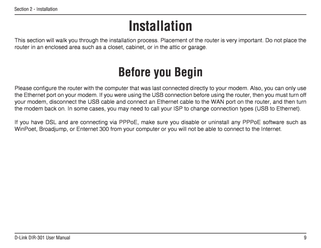 D-Link DIR-301 manual Installation, Before you Begin 