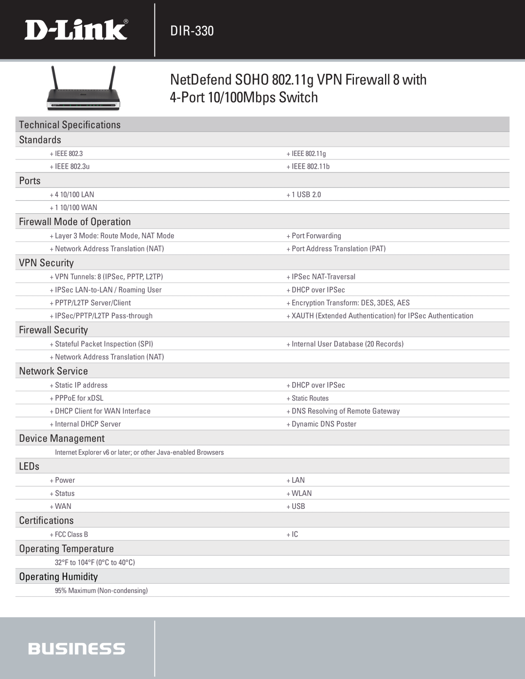 D-Link DIR-330 Technical Specifications Standards, NetDefend SOHO 802.11g VPN Firewall 8 with 4-Port 10/100Mbps Switch 