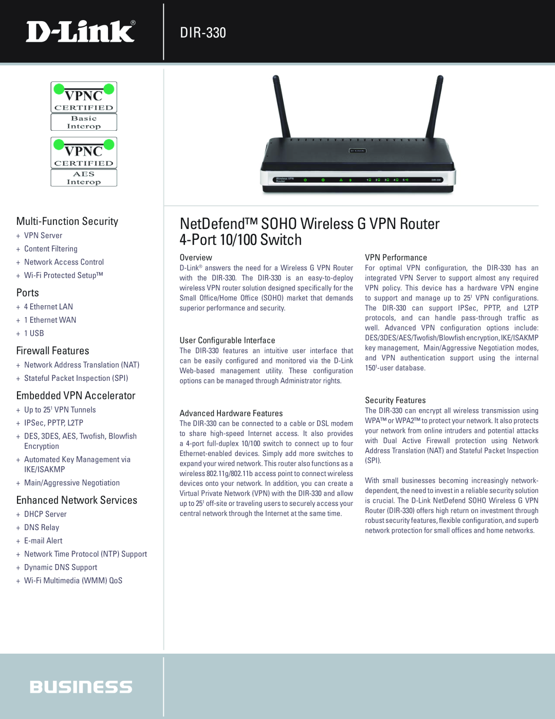 D-Link DIR-330 manual NetDefend SOHO Wireless G VPN Router 4-Port 10/100 Switch, Multi-Function Security, Ports, Overview 