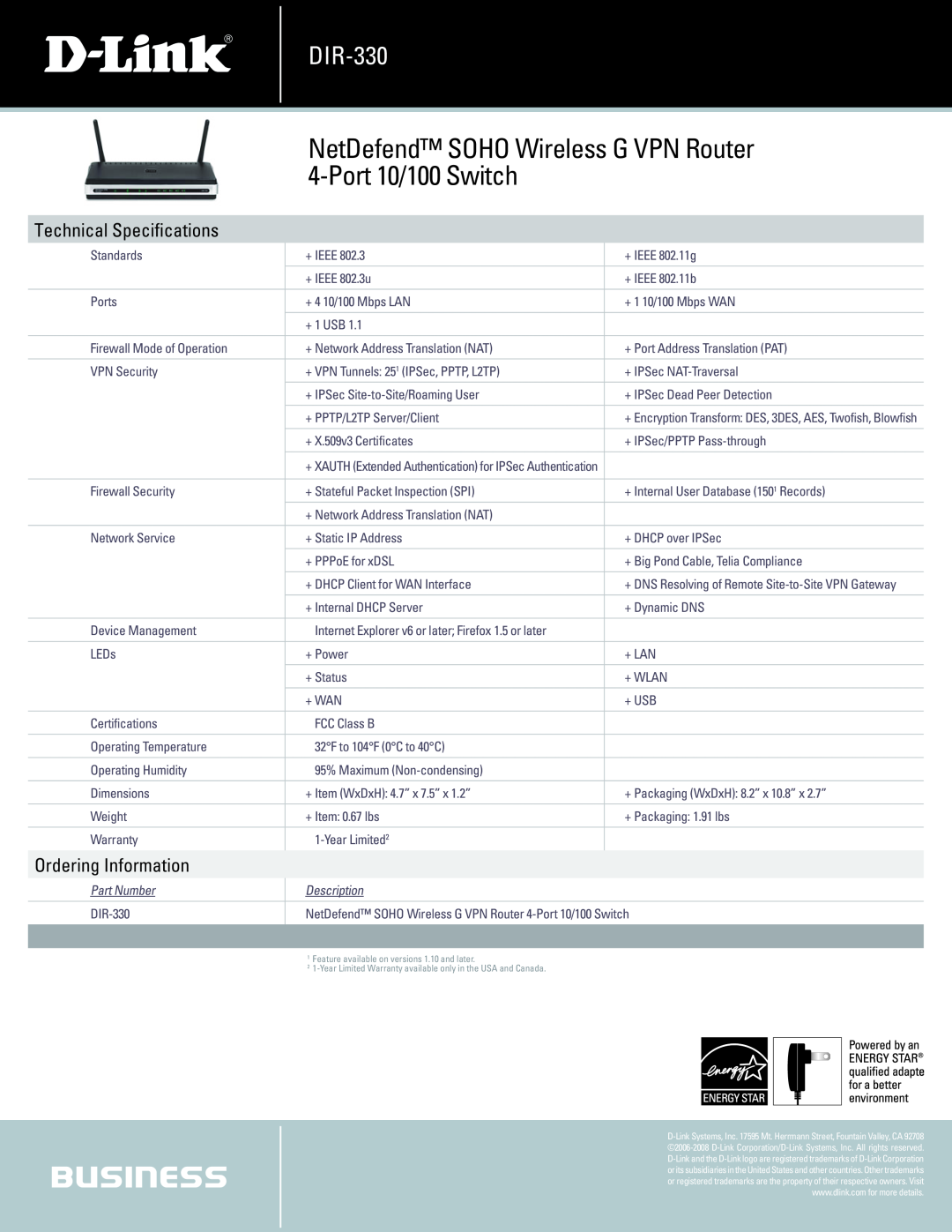D-Link DIR-330 Technical Specifications, NetDefend SOHO Wireless G VPN Router 4-Port 10/100 Switch, Ordering Information 