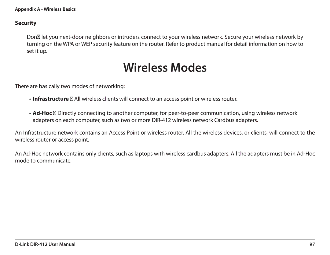 D-Link DIR-412 manual Wireless Modes, Security 