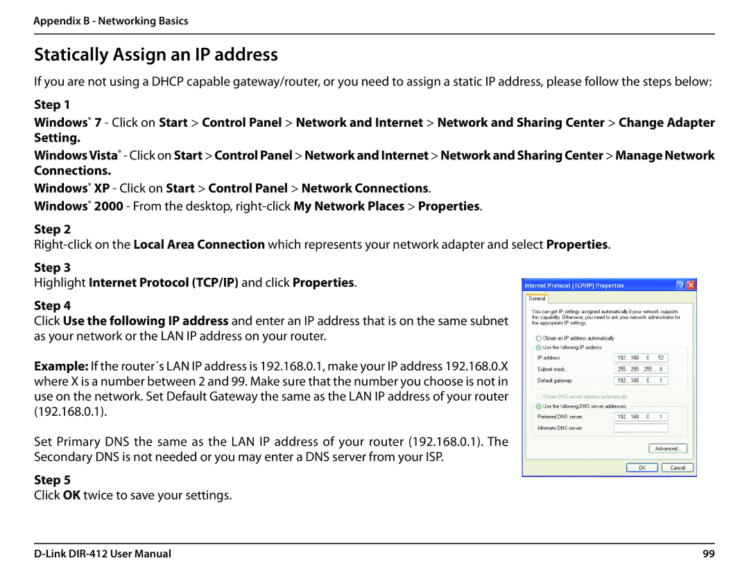 D-Link DIR-412 manual Statically Assign an IP address, Step, Setting, Connections 