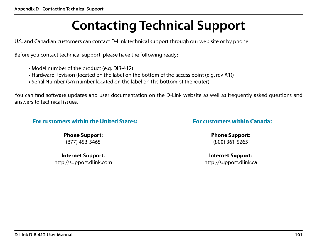 D-Link DIR-412 manual Contacting Technical Support, For customers within the United States 