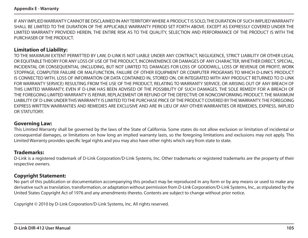 D-Link DIR-412 manual Limitation of Liability, Governing Law, Trademarks, Copyright Statement 