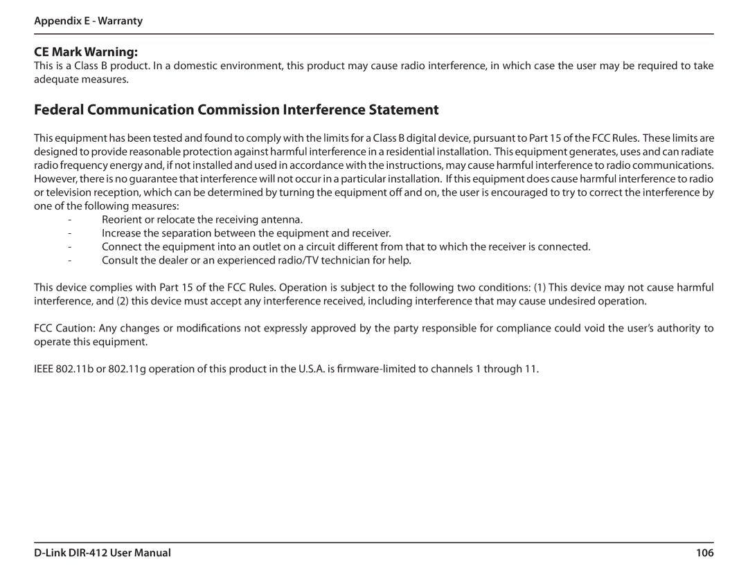 D-Link DIR-412 manual Federal Communication Commission Interference Statement, CE Mark Warning 