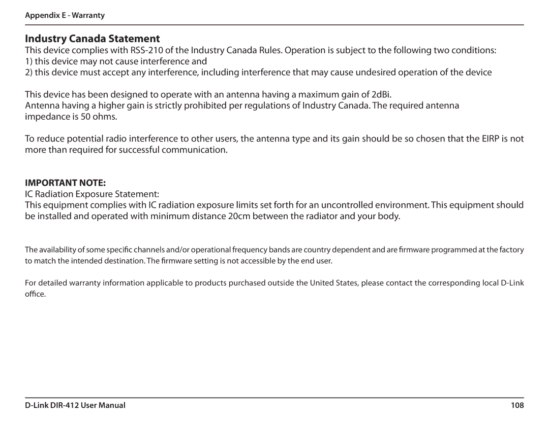 D-Link DIR-412 manual Industry Canada Statement 