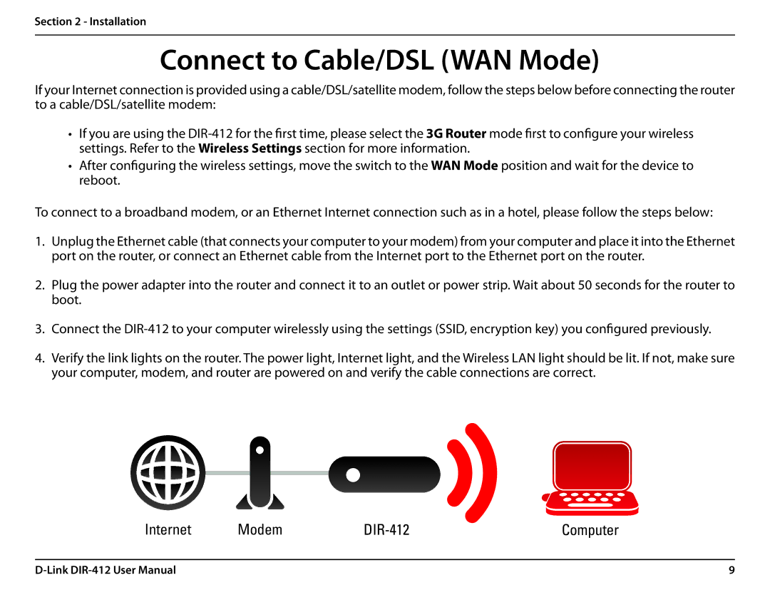 D-Link DIR-412 manual Connect to Cable/DSL WAN Mode 