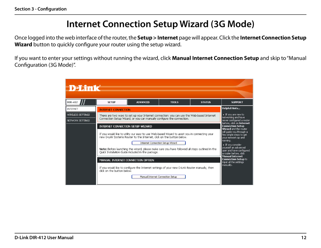 D-Link DIR-412 manual Internet Connection Setup Wizard 3G Mode 