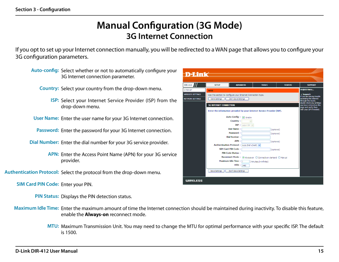 D-Link DIR-412 manual Manual Configuration 3G Mode, 3G Internet Connection, Country, User Name Password Dial Number 