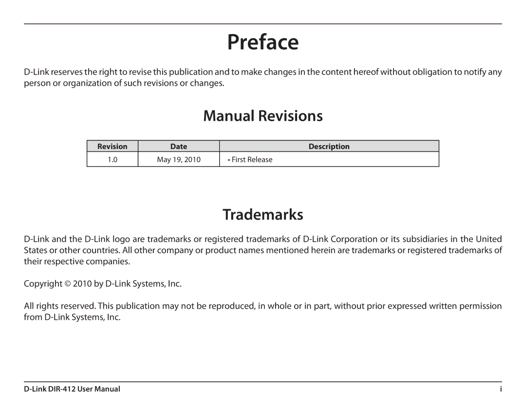 D-Link DIR-412 manual Preface, Manual Revisions, Trademarks 