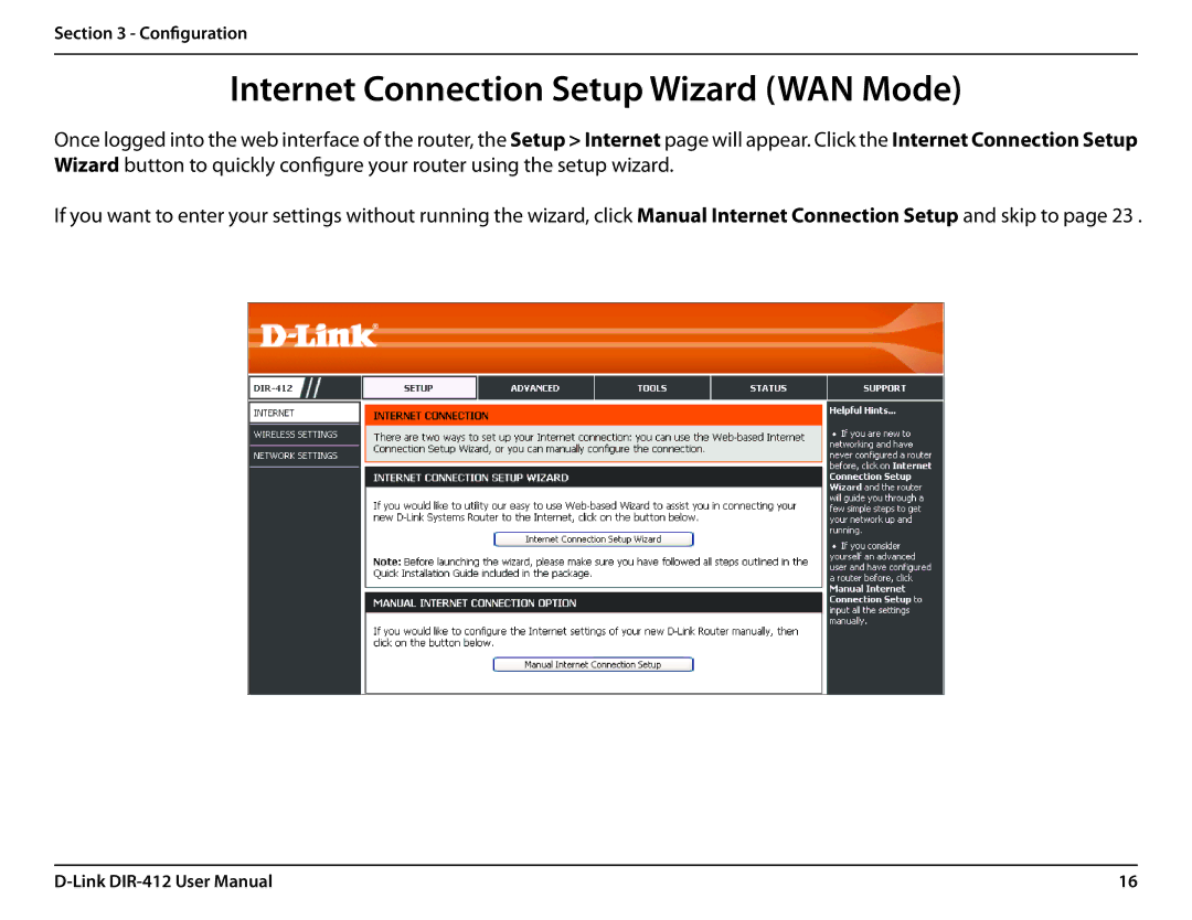 D-Link DIR-412 manual Internet Connection Setup Wizard WAN Mode 