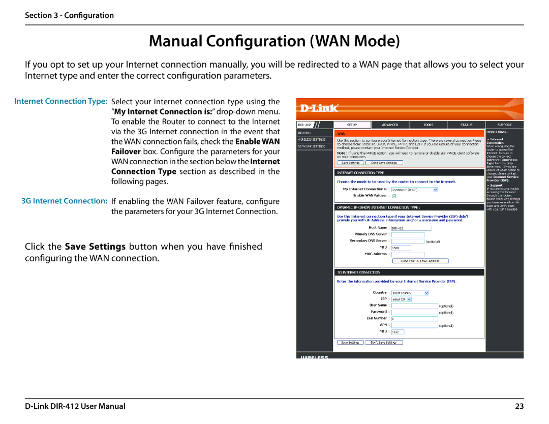 D-Link DIR-412 manual Manual Configuration WAN Mode 