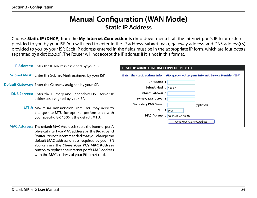 D-Link DIR-412 manual Static IP Address, MAC Address 