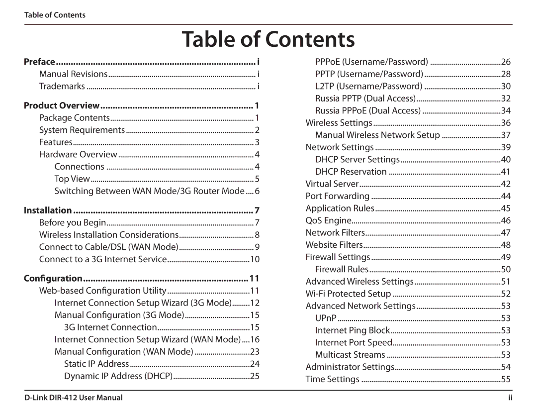 D-Link DIR-412 manual Table of Contents 