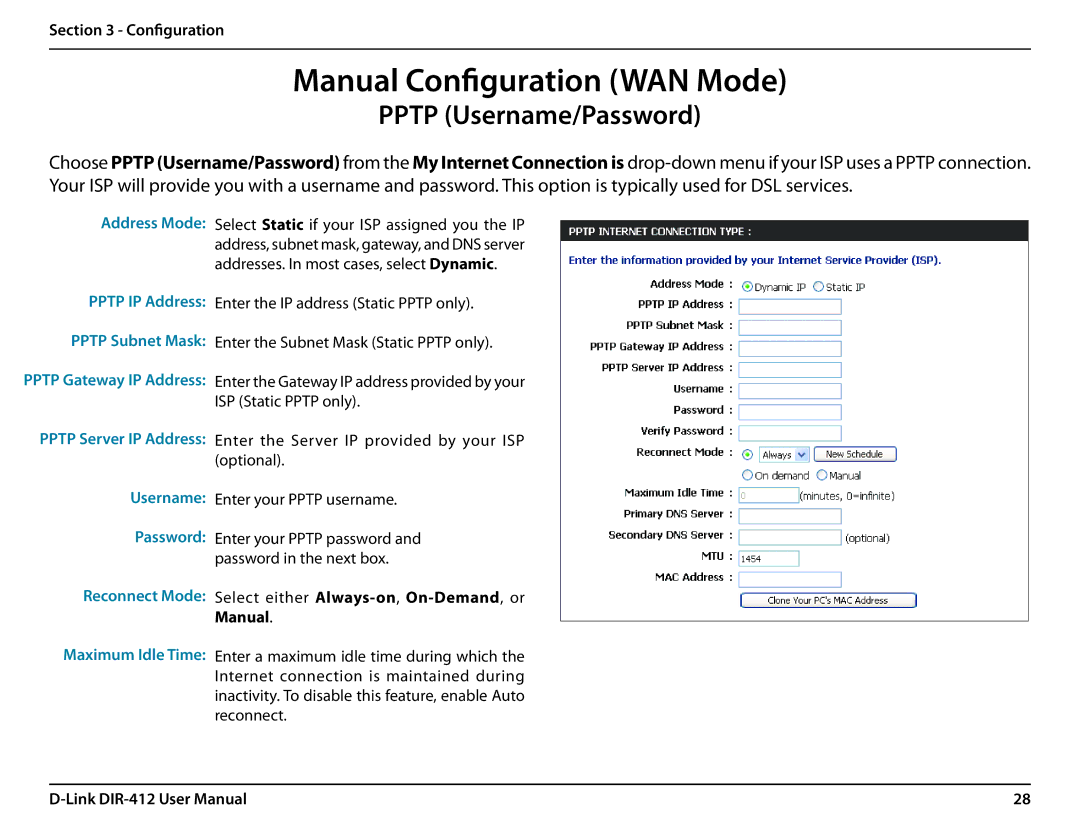 D-Link DIR-412 manual Pptp Username/Password, Address Mode Pptp IP Address Pptp Subnet Mask 