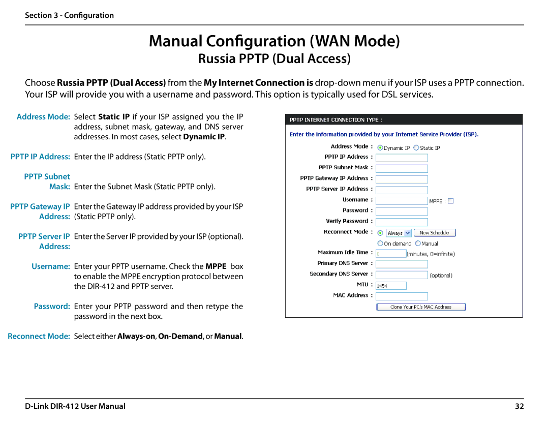D-Link DIR-412 manual Russia Pptp Dual Access, Pptp Subnet, Address 
