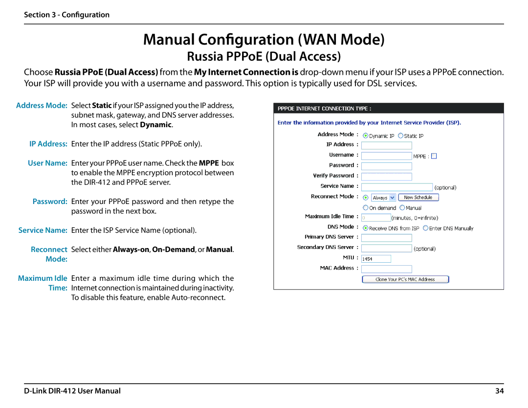 D-Link DIR-412 manual Russia PPPoE Dual Access, Mode 