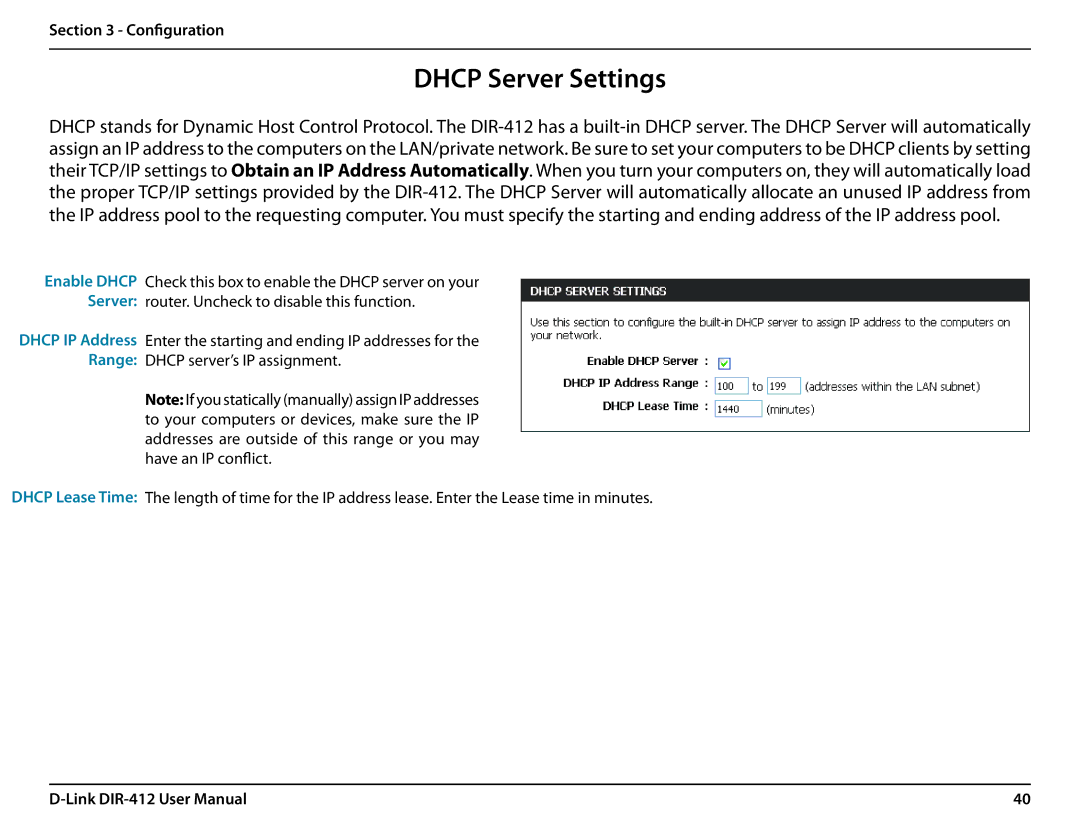 D-Link DIR-412 manual Dhcp Server Settings 