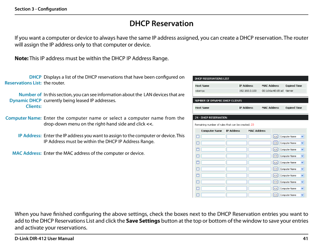 D-Link DIR-412 manual Dhcp Reservation, Reservations List the router, Clients 