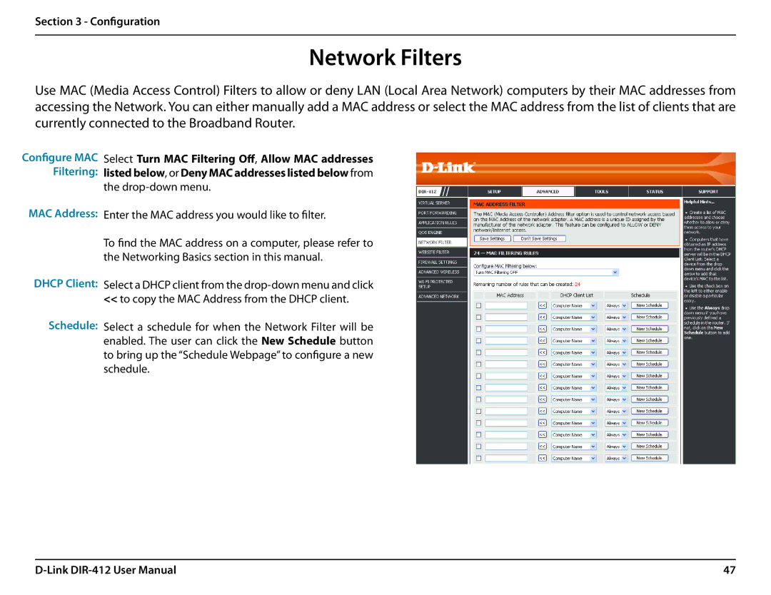 D-Link DIR-412 manual Network Filters, Dhcp Client Schedule 