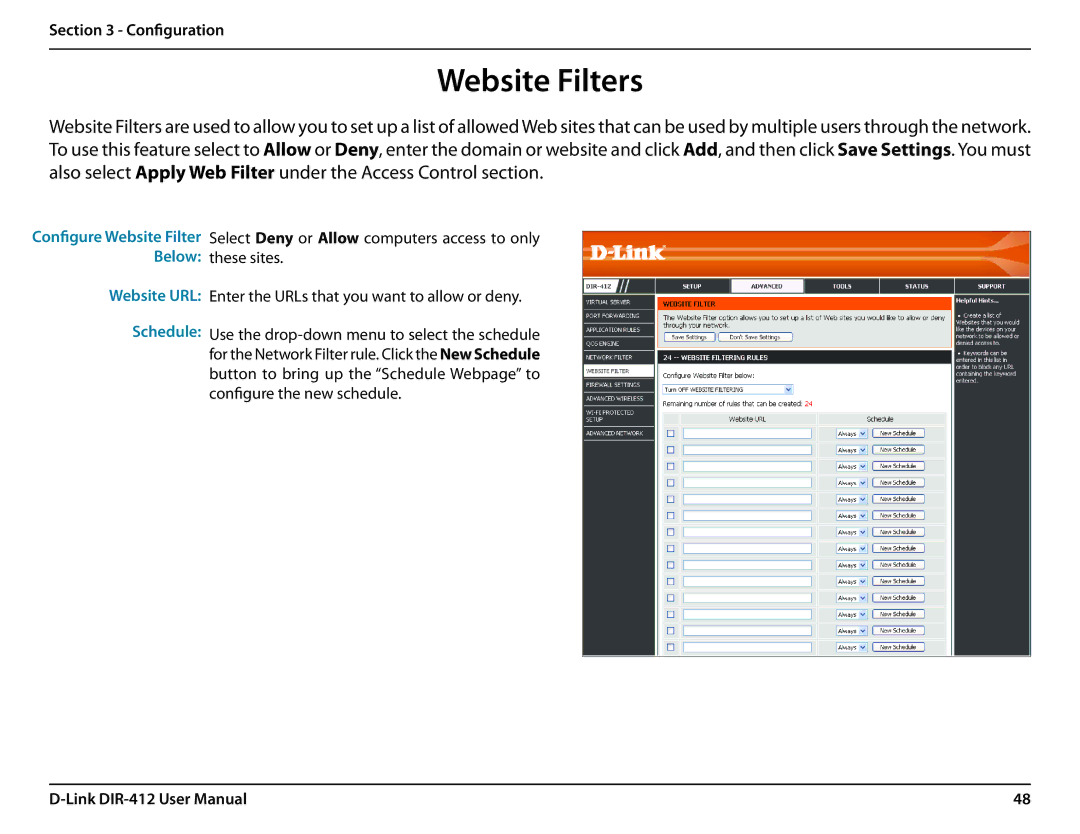 D-Link DIR-412 manual Website Filters, Website URL Schedule 