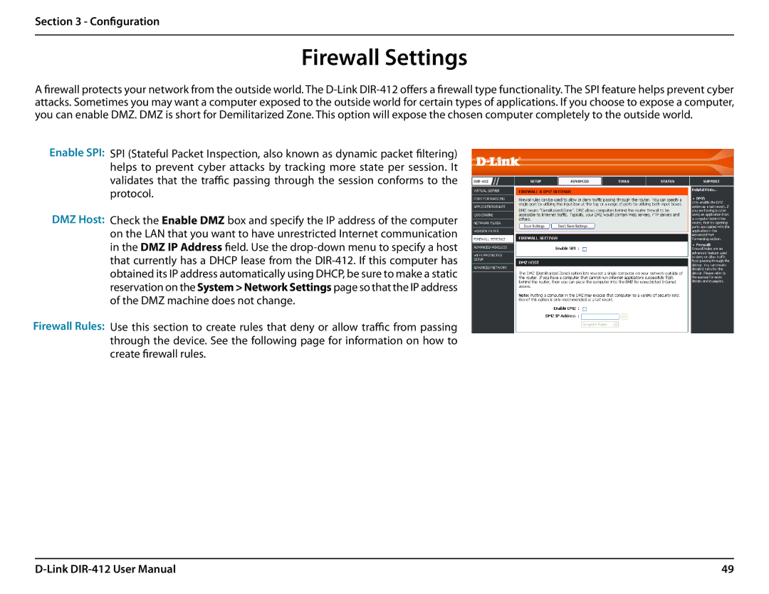 D-Link DIR-412 manual Firewall Settings, Enable SPI DMZ Host 