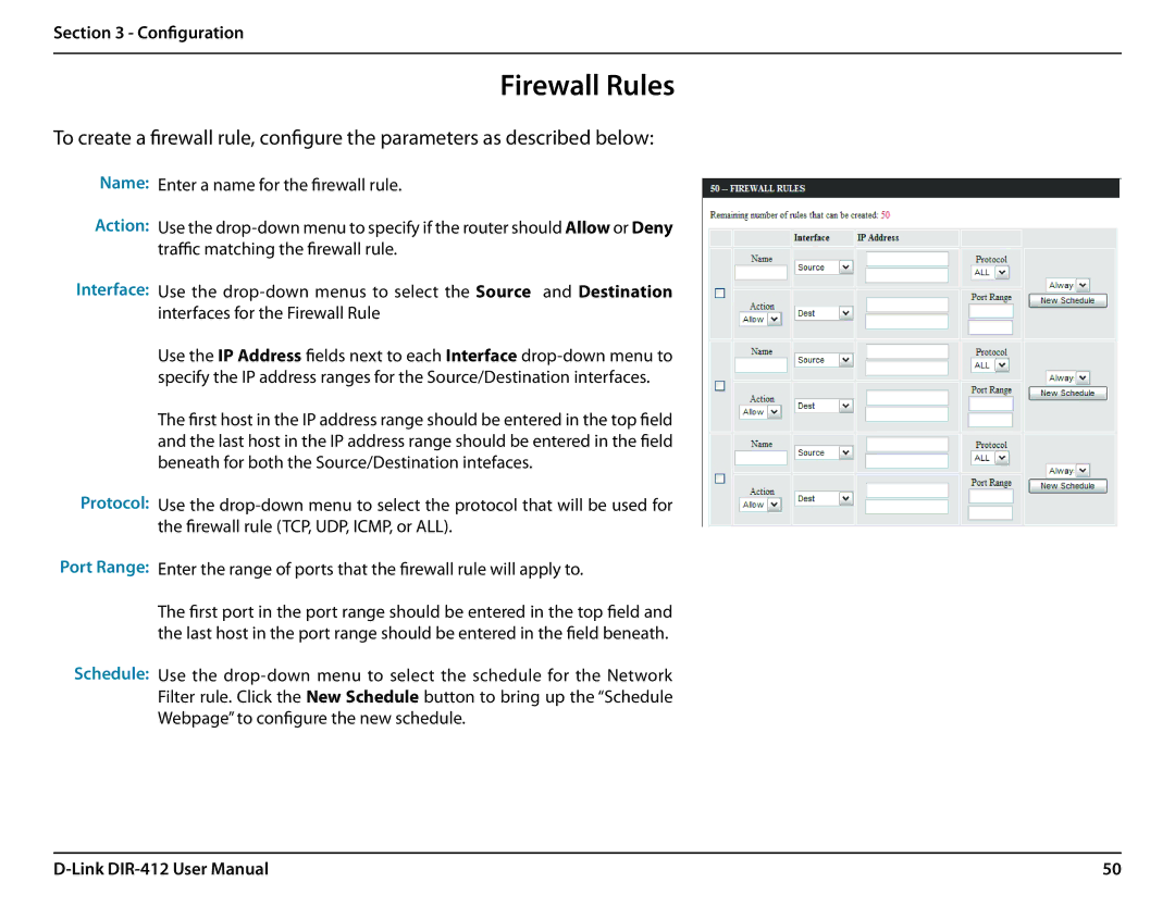 D-Link DIR-412 manual Firewall Rules, Protocol 