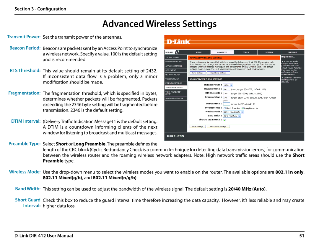 D-Link DIR-412 manual Advanced Wireless Settings, Dtim Interval, Band Width 