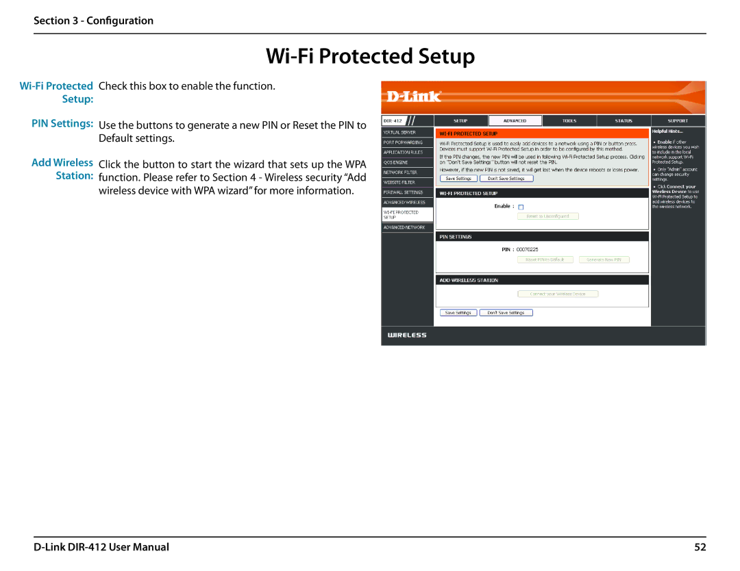 D-Link DIR-412 manual Wi-Fi Protected Setup, PIN Settings 