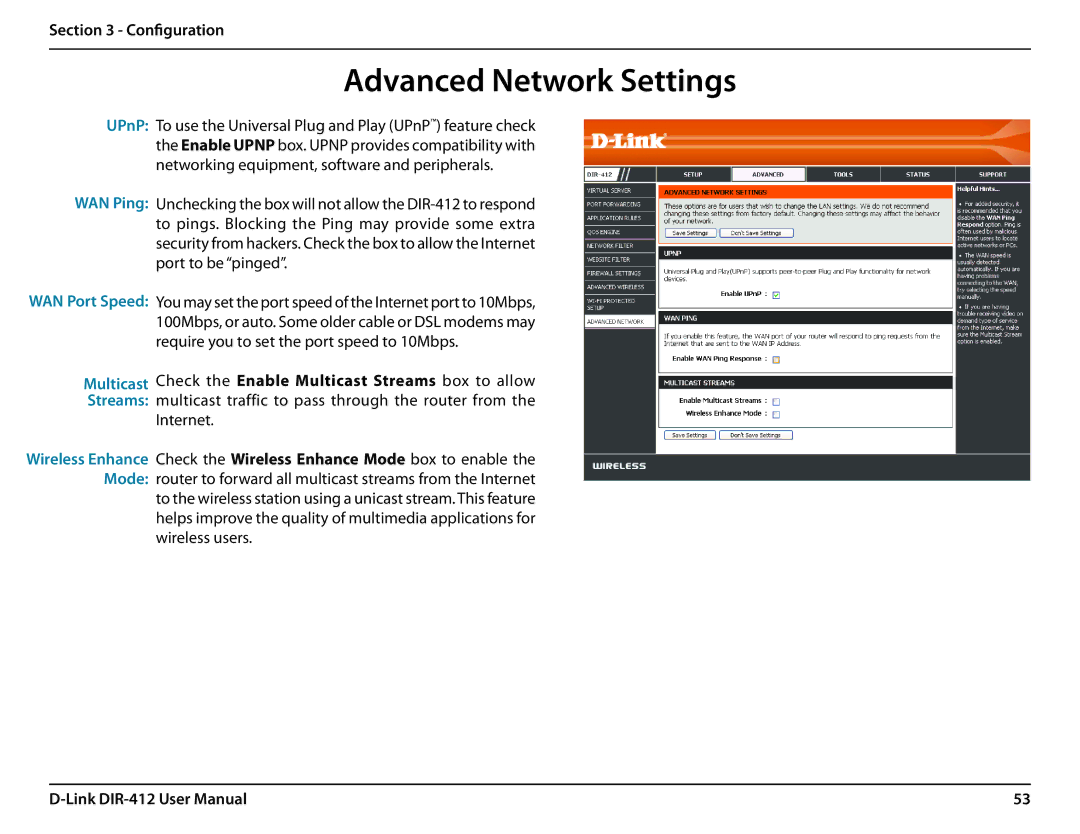 D-Link DIR-412 manual Advanced Network Settings, UPnP WAN Ping, Multicast Streams 