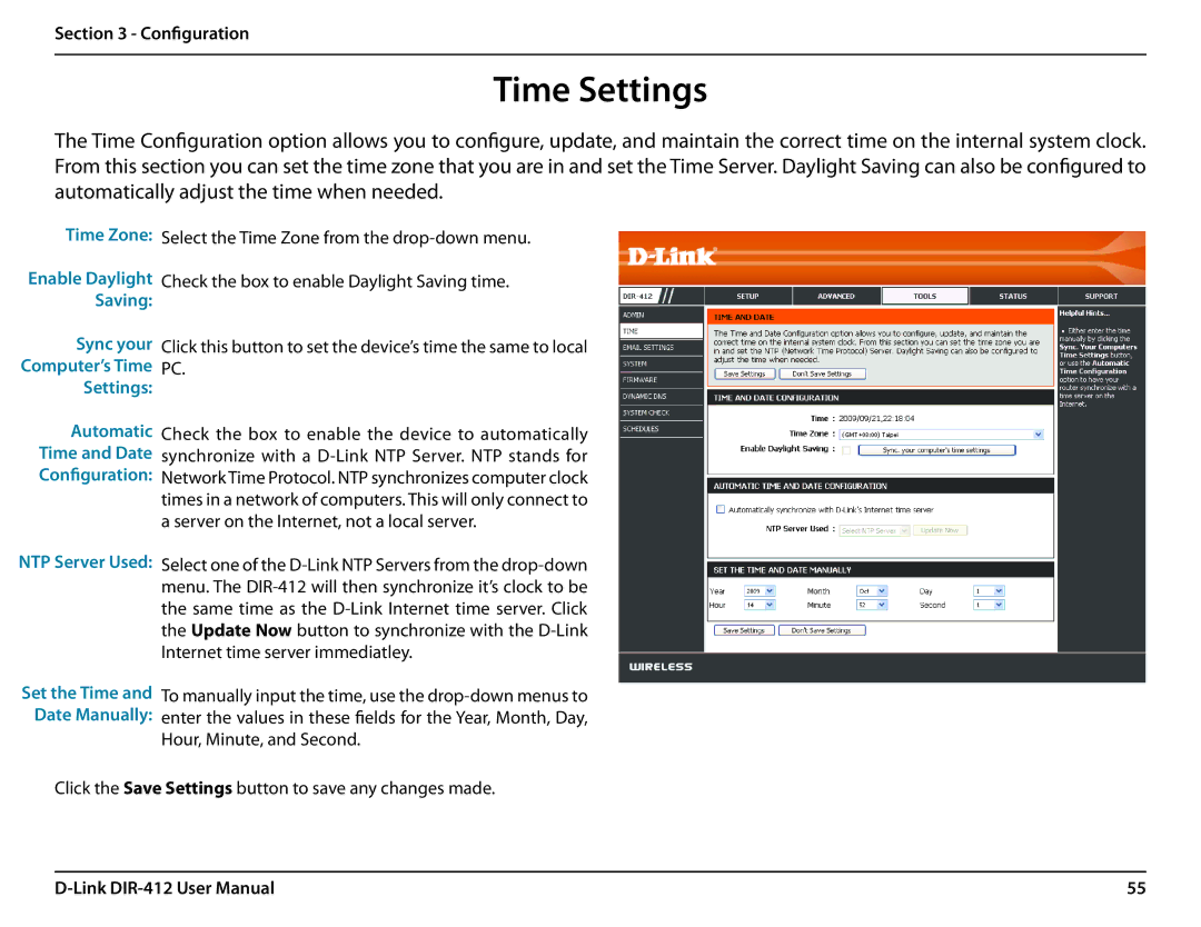 D-Link DIR-412 manual Time Settings, Saving, Computer’s Time PC Settings 