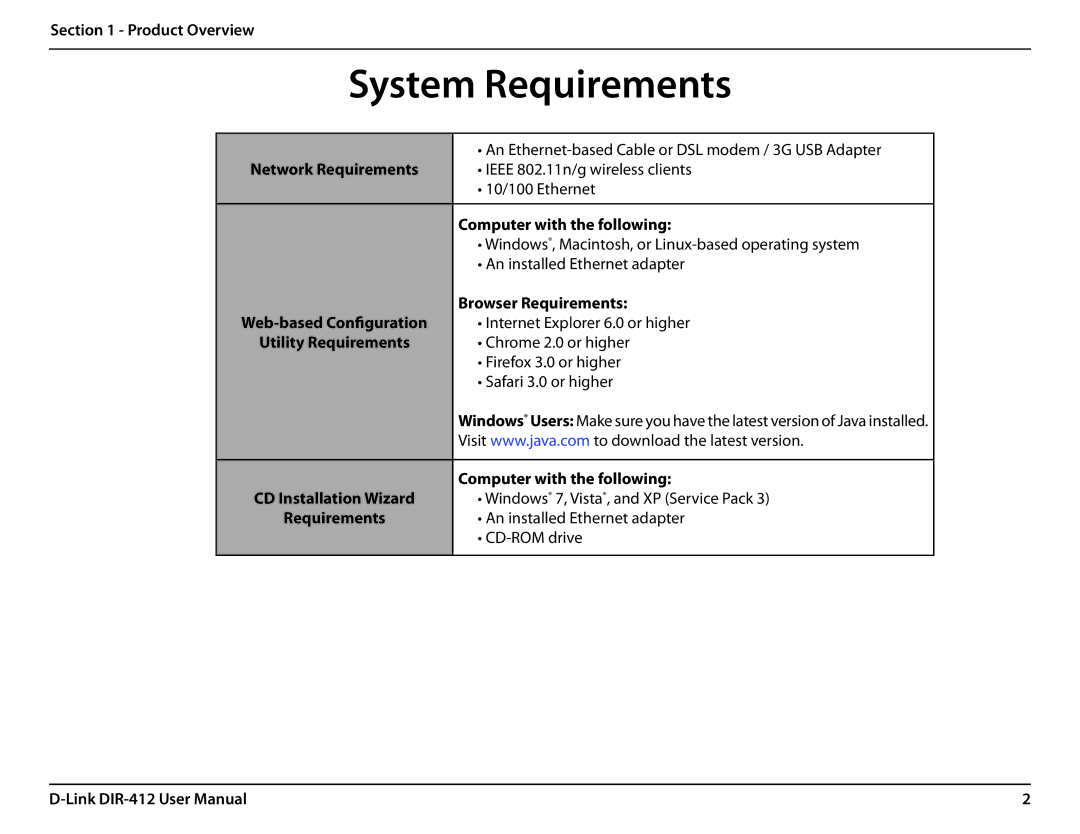 D-Link DIR-412 manual System Requirements, Network Requirements 