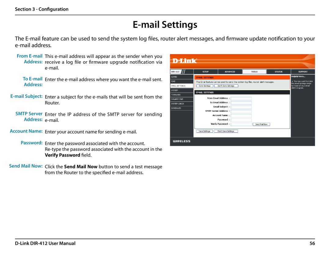 D-Link DIR-412 manual Mail Settings, To E-mail Address 