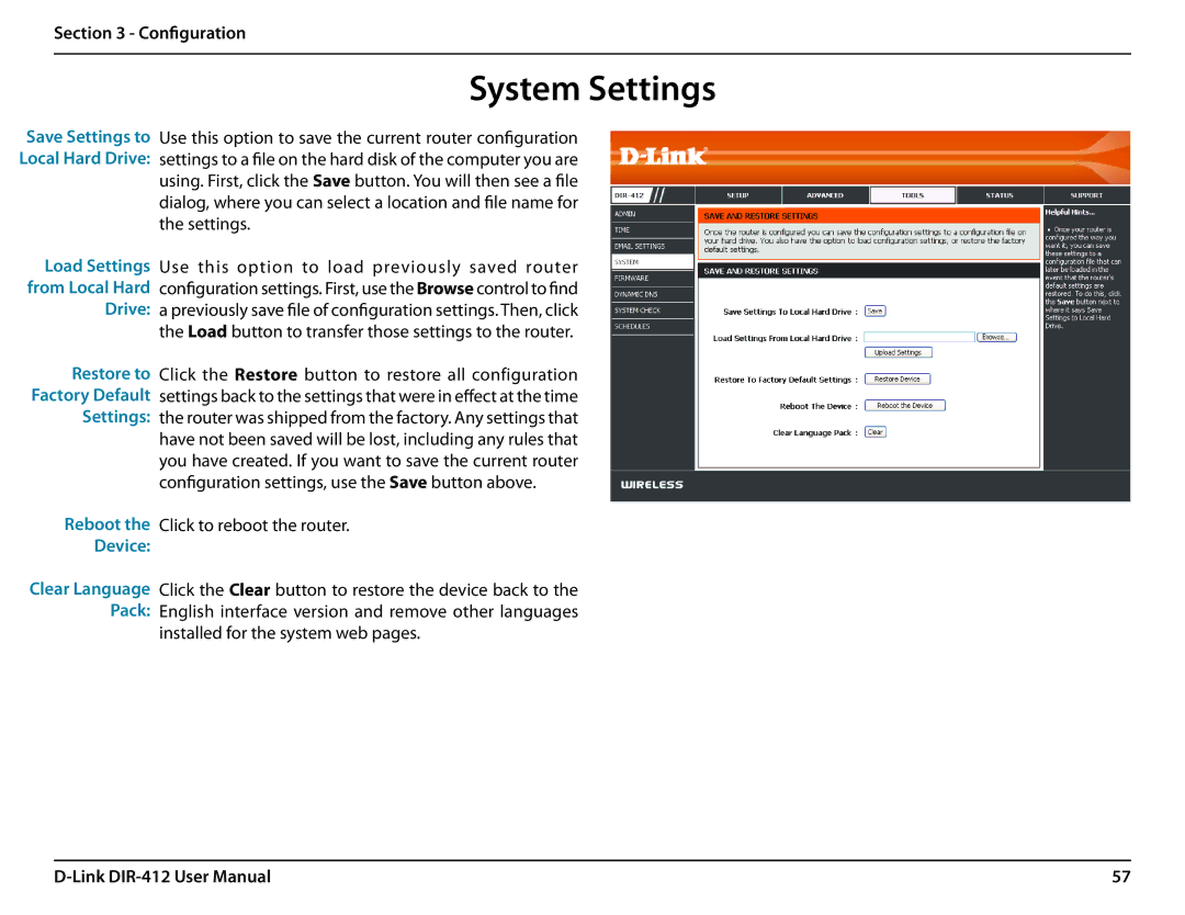 D-Link DIR-412 manual System Settings, Load Settings from Local Hard Drive, Reboot Device 