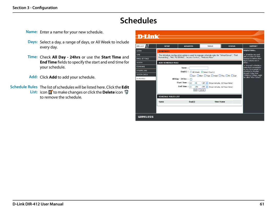 D-Link DIR-412 manual Schedules, Days Time Add 