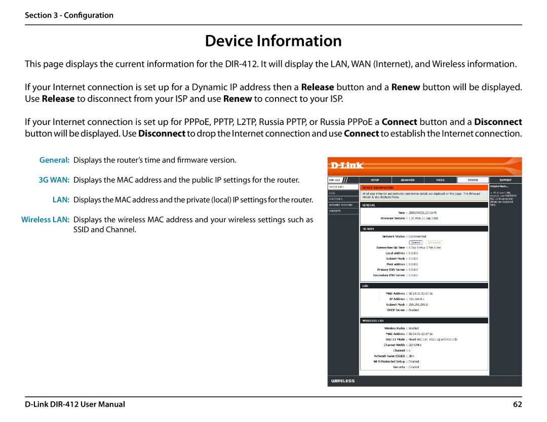 D-Link DIR-412 manual Device Information, General Displays the router’s time and firmware version 