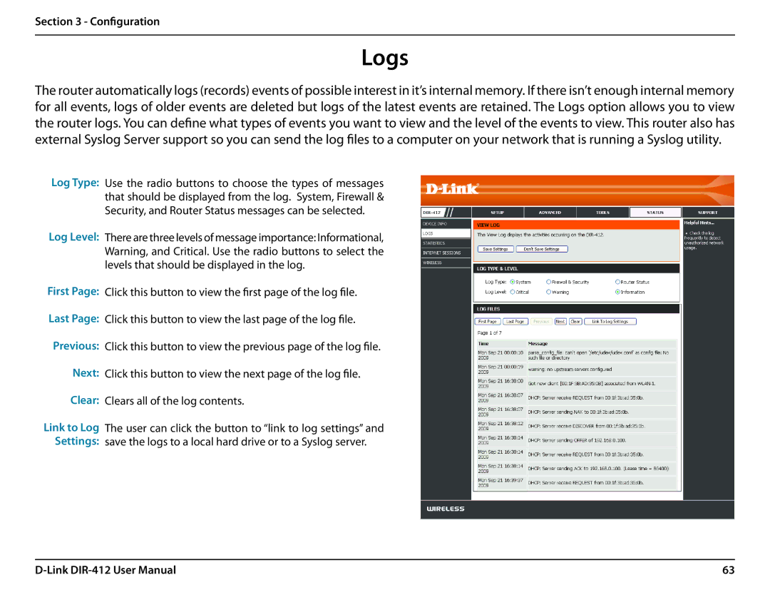 D-Link DIR-412 manual Logs, Log Type, Previous Next Clear 