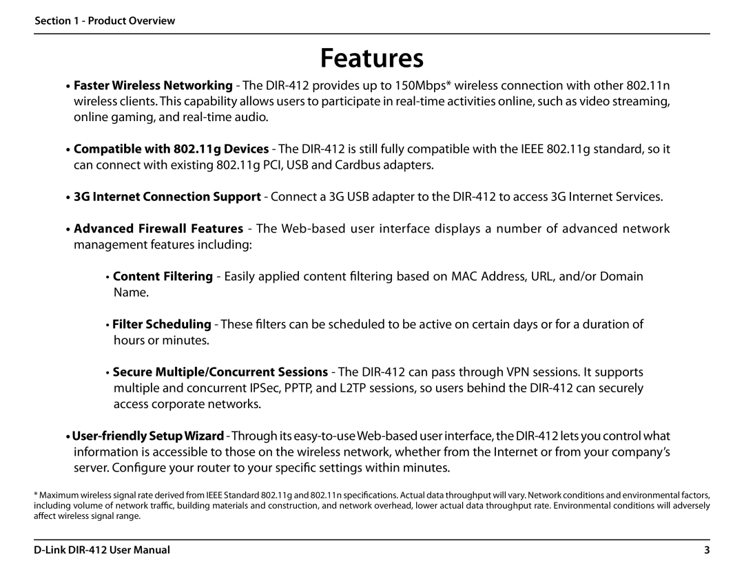 D-Link DIR-412 manual Features 