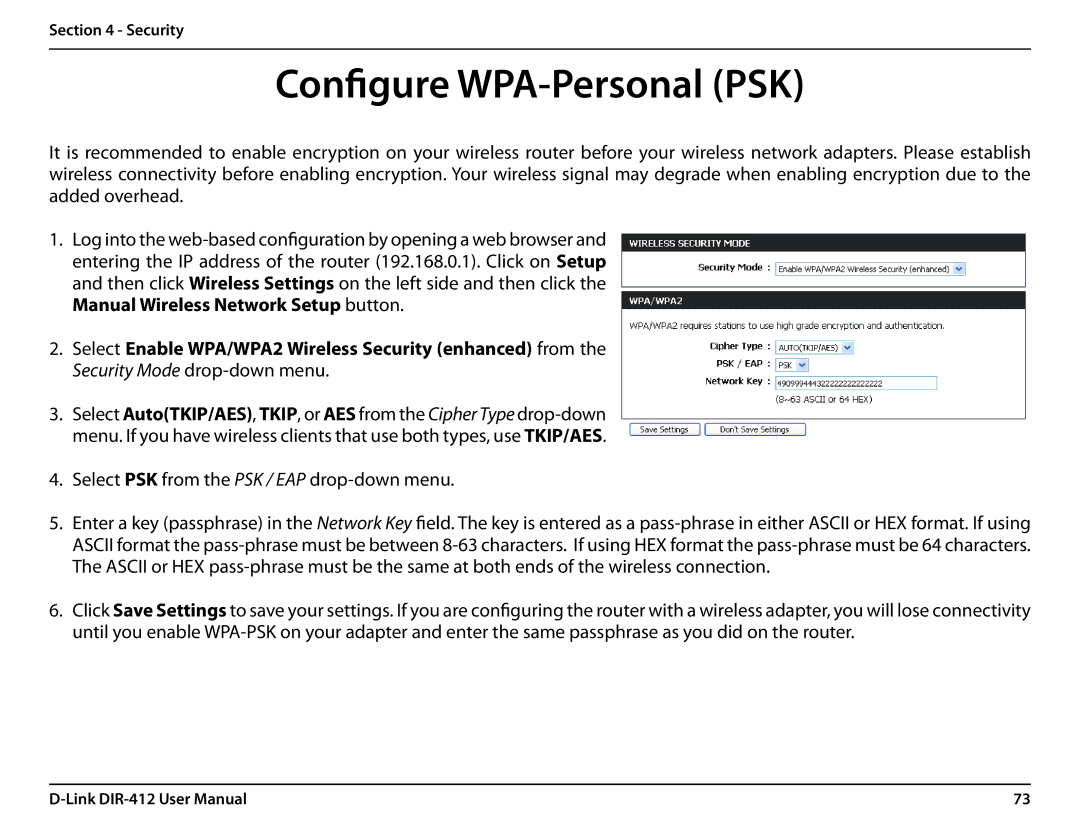 D-Link DIR-412 manual Configure WPA-Personal PSK, Select PSK from the PSK / EAP drop-down menu 