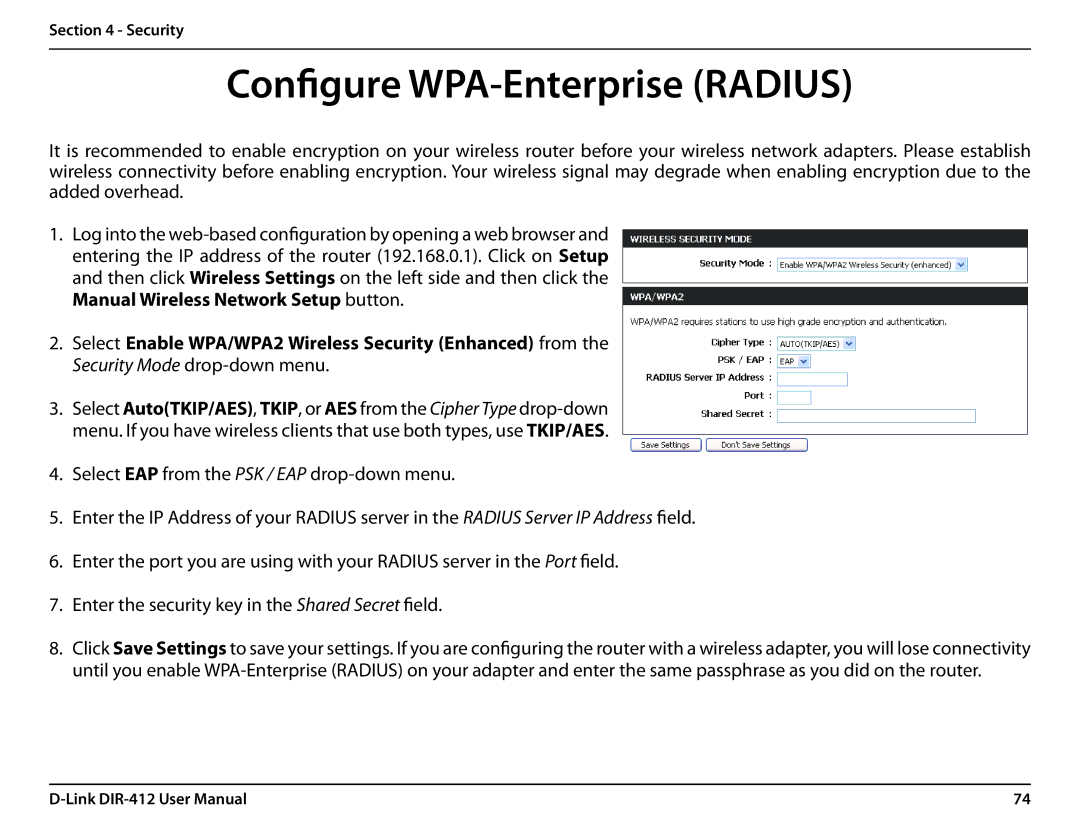 D-Link DIR-412 manual Configure WPA-Enterprise Radius 