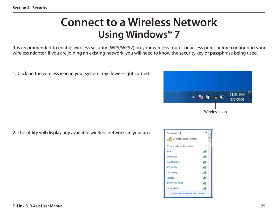 D-Link DIR-412 manual Connect to a Wireless Network, Using Windows 