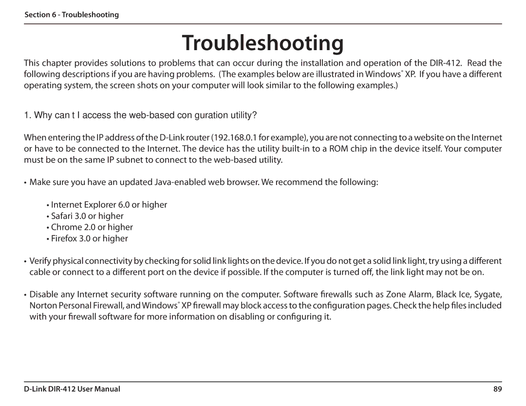 D-Link DIR-412 manual Troubleshooting, Why can’t I access the web-based configuration utility? 