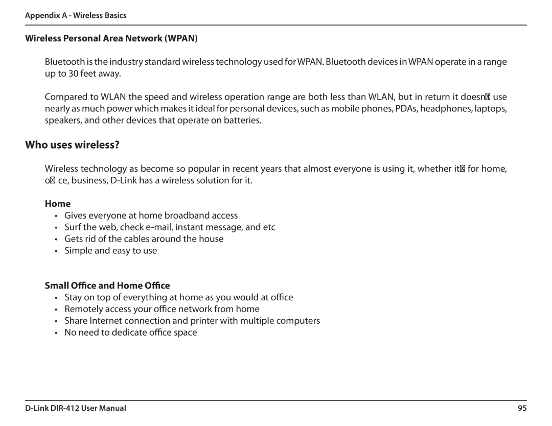 D-Link DIR-412 manual Wireless Personal Area Network Wpan, Small Office and Home Office 