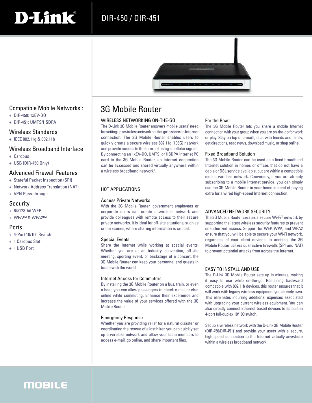 D-Link DIR-451 manual Compatible Mobile Networks1, Wireless Standards, Wireless Broadband Interface, Security, Ports 