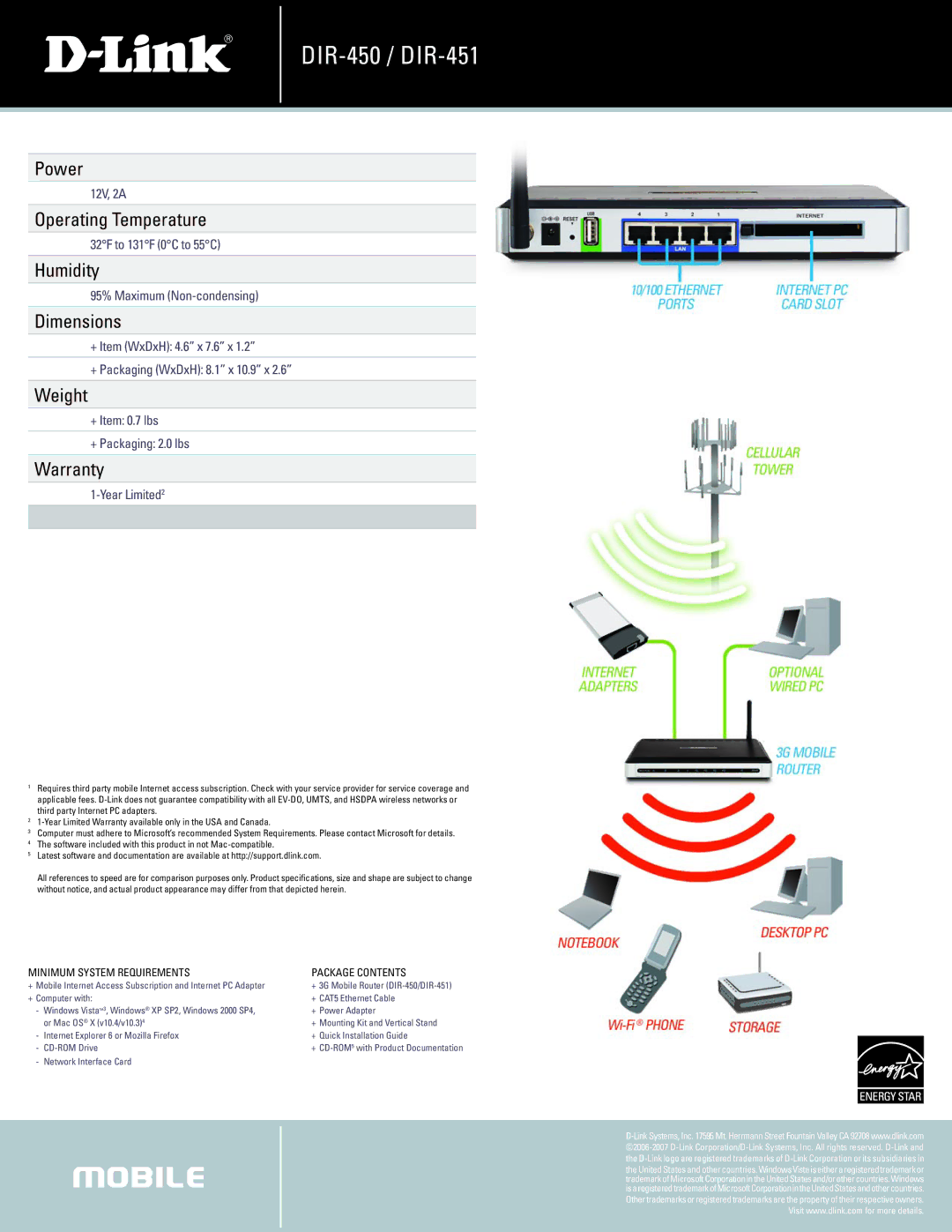 D-Link DIR-451, DIR-450 manual Power, Operating Temperature, Humidity, Dimensions, Weight, Warranty 