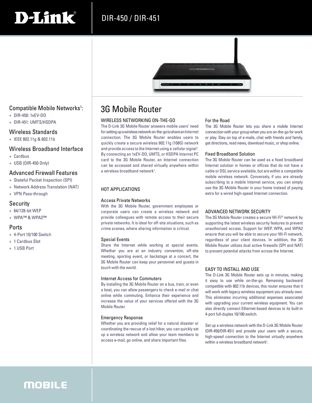 D-Link manual 3G Mobile Router, DIR-450 / DIR-451, Compatible Mobile Networks1, Wireless Standards, Security, Ports 